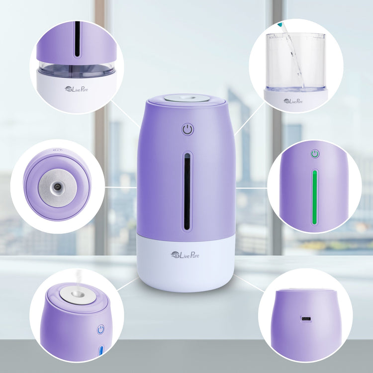 Purple and white humidifier with close-up details on a blurred window background