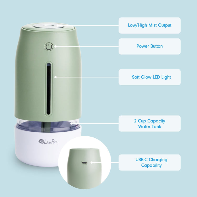 Green humidifier with labeled features on a light blue background
