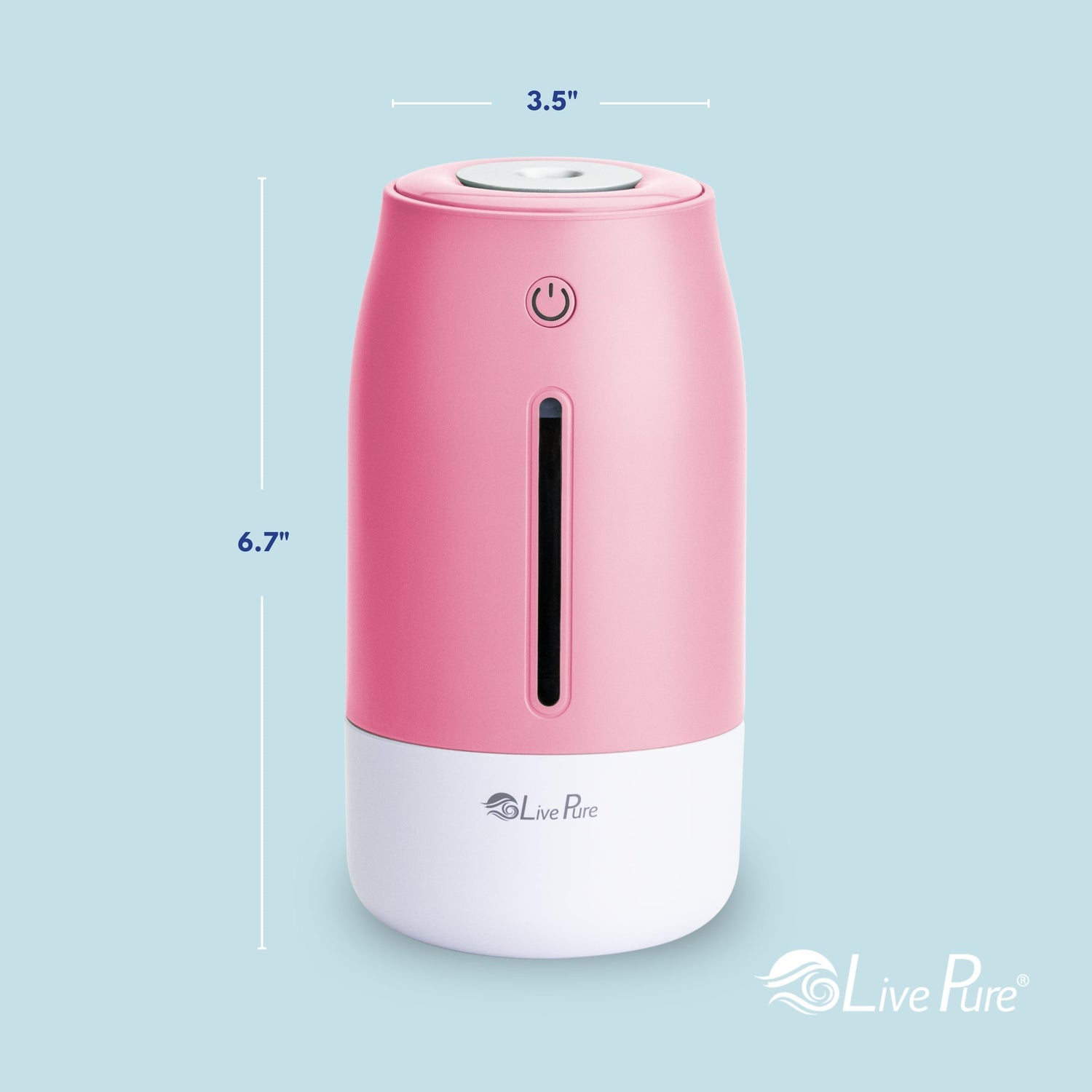 Pink and white humidifier with dimensions on a light blue background, featuring the Live Pure brand.