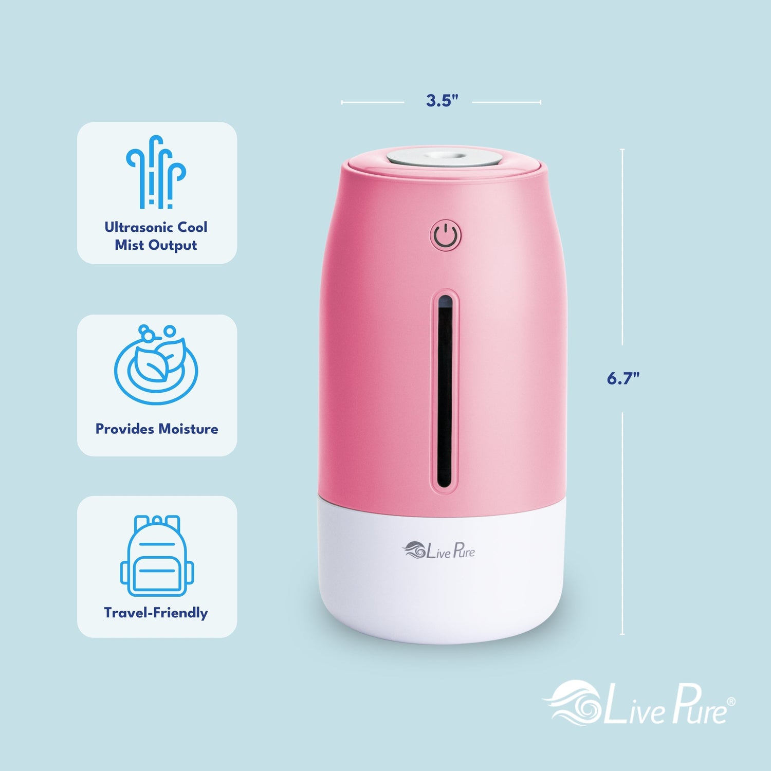 Pink ultrasonic humidifier with dimensions and features on a light blue background