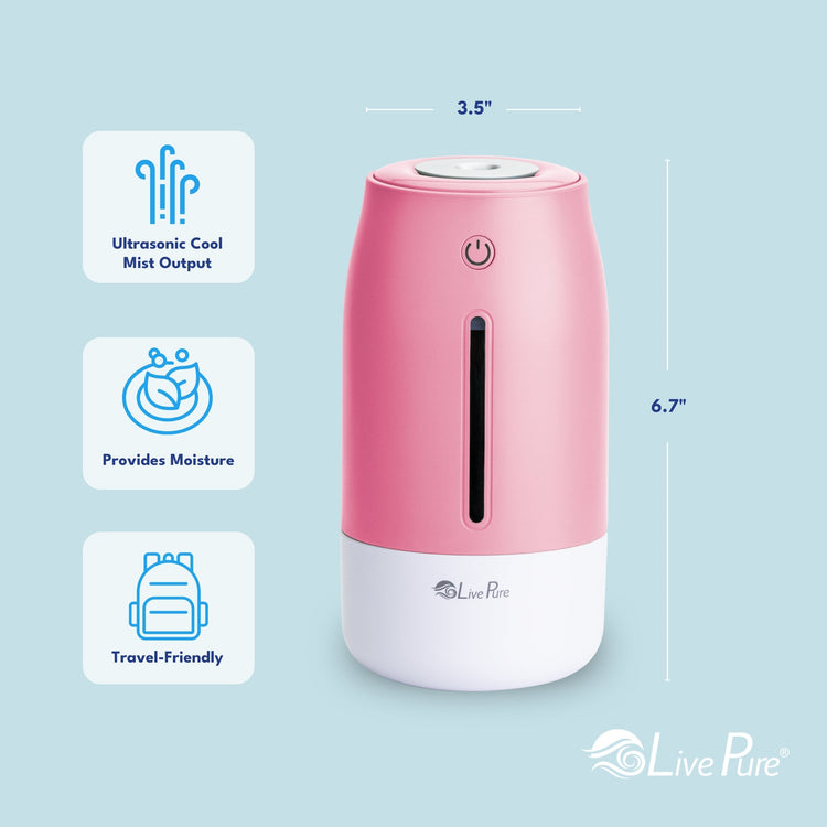 Pink ultrasonic humidifier with dimensions and features on a light blue background