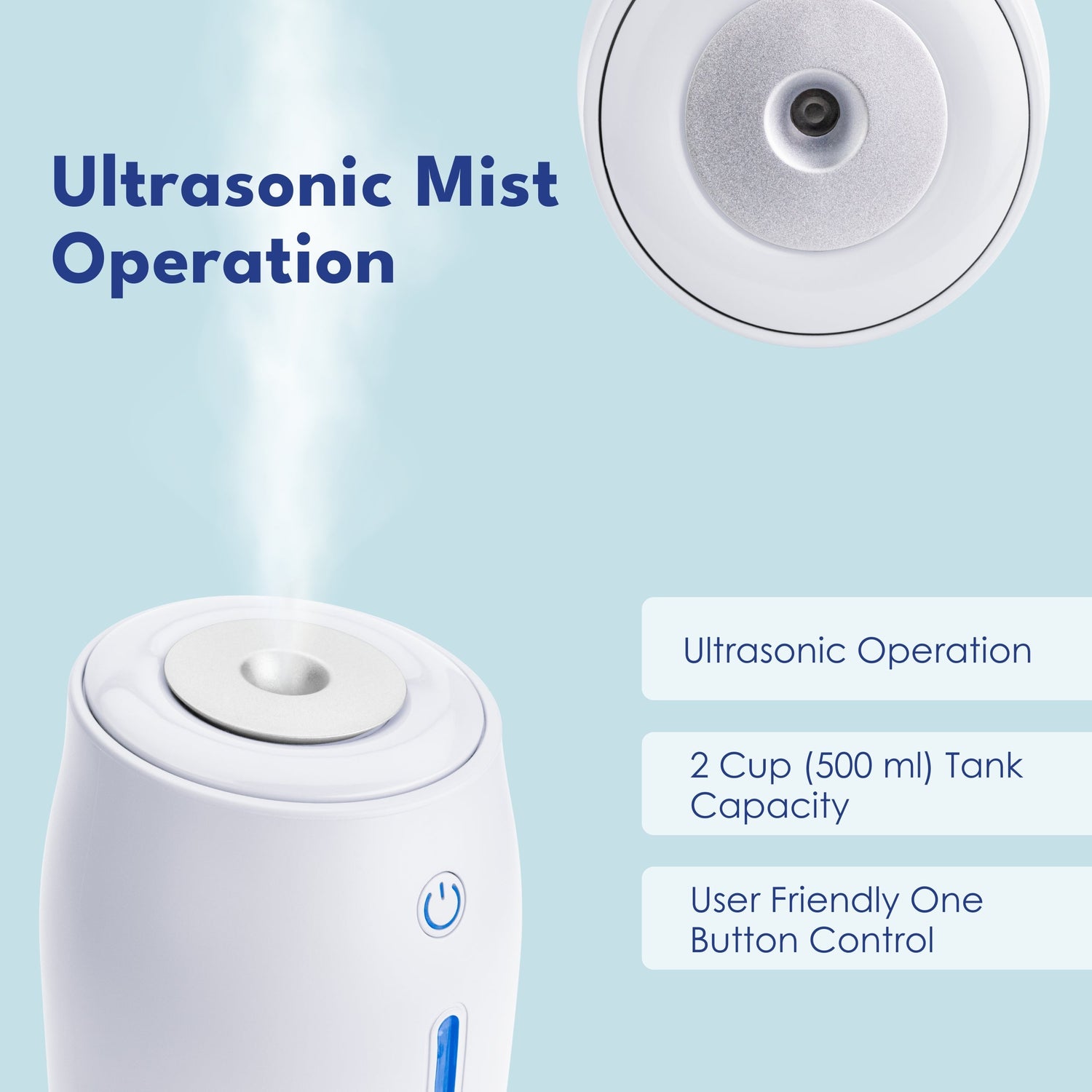 Ultrasonic mist operation with a white device on a light blue background