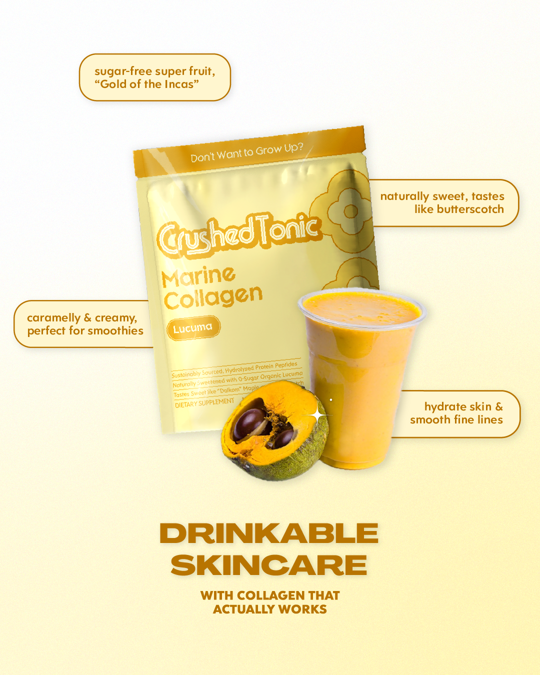 Packaging of Crushed Tonic Marine Collagen with a smoothie on a light beige background