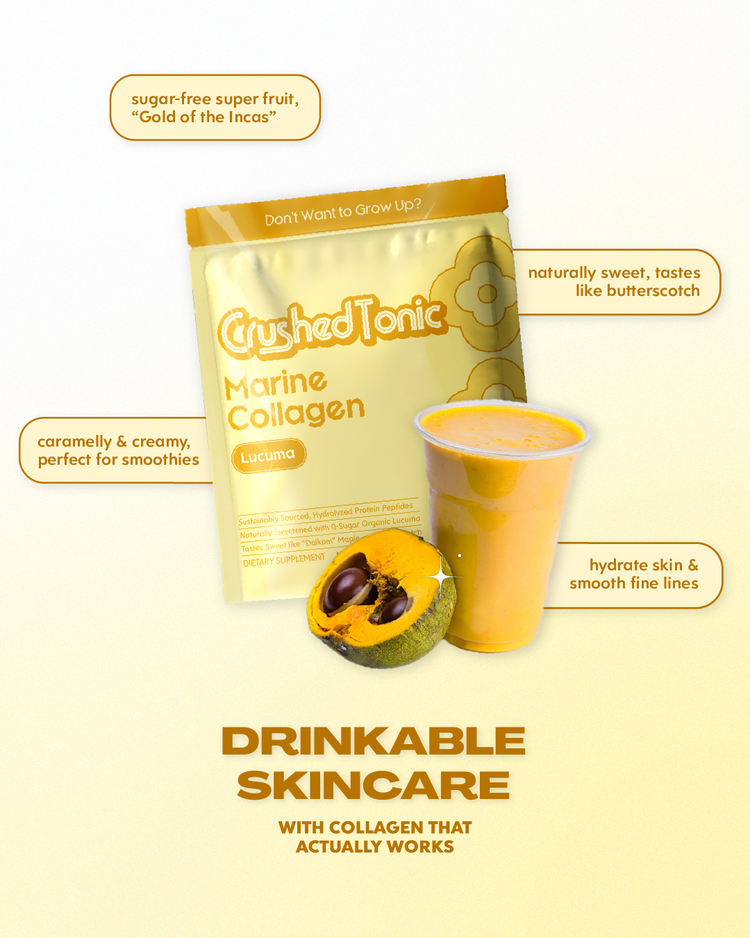 Packaging of Crushed Tonic Marine Collagen with a smoothie on a light beige background