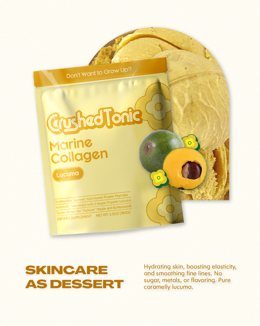 Yellow package of Crushed Tonic Marine Collagen on a white background