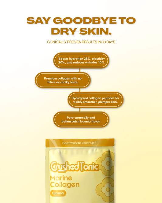 Yellow package of Crushed Tonic Marine Collagen on a white background