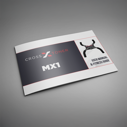 Black and red cross trainer on a gray background