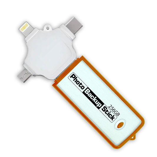 A 2.5GB Photo Backup Stick USB flash drive with a white and orange design, featuring multiple connector types including Lightning, USB, and Micro-USB, shown on a plain white background.