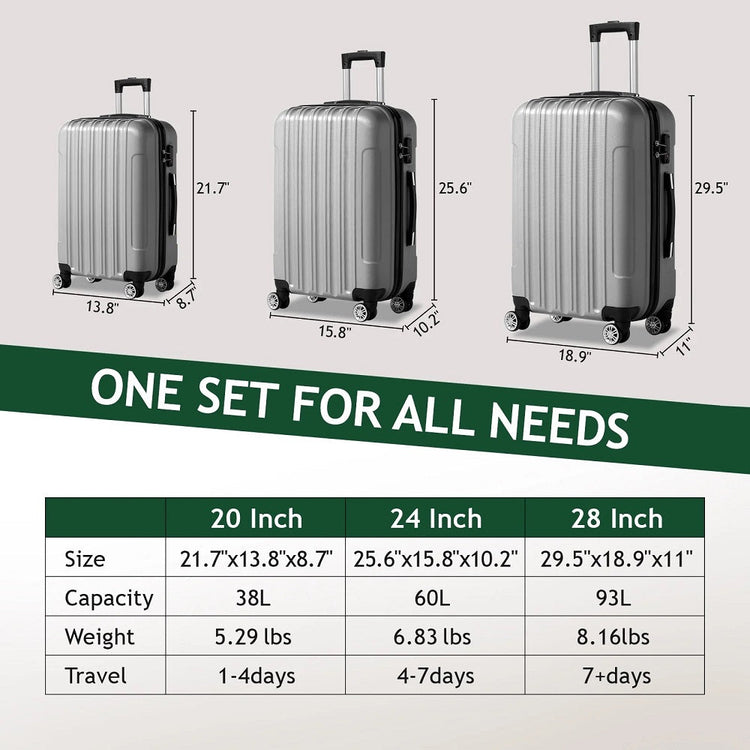 Ashley Polycarbonate Hard shell Expandable Lightweight 360 Dual Spinning Wheels Combo Lock 28", 24", 20" 3 Piece Luggage Set