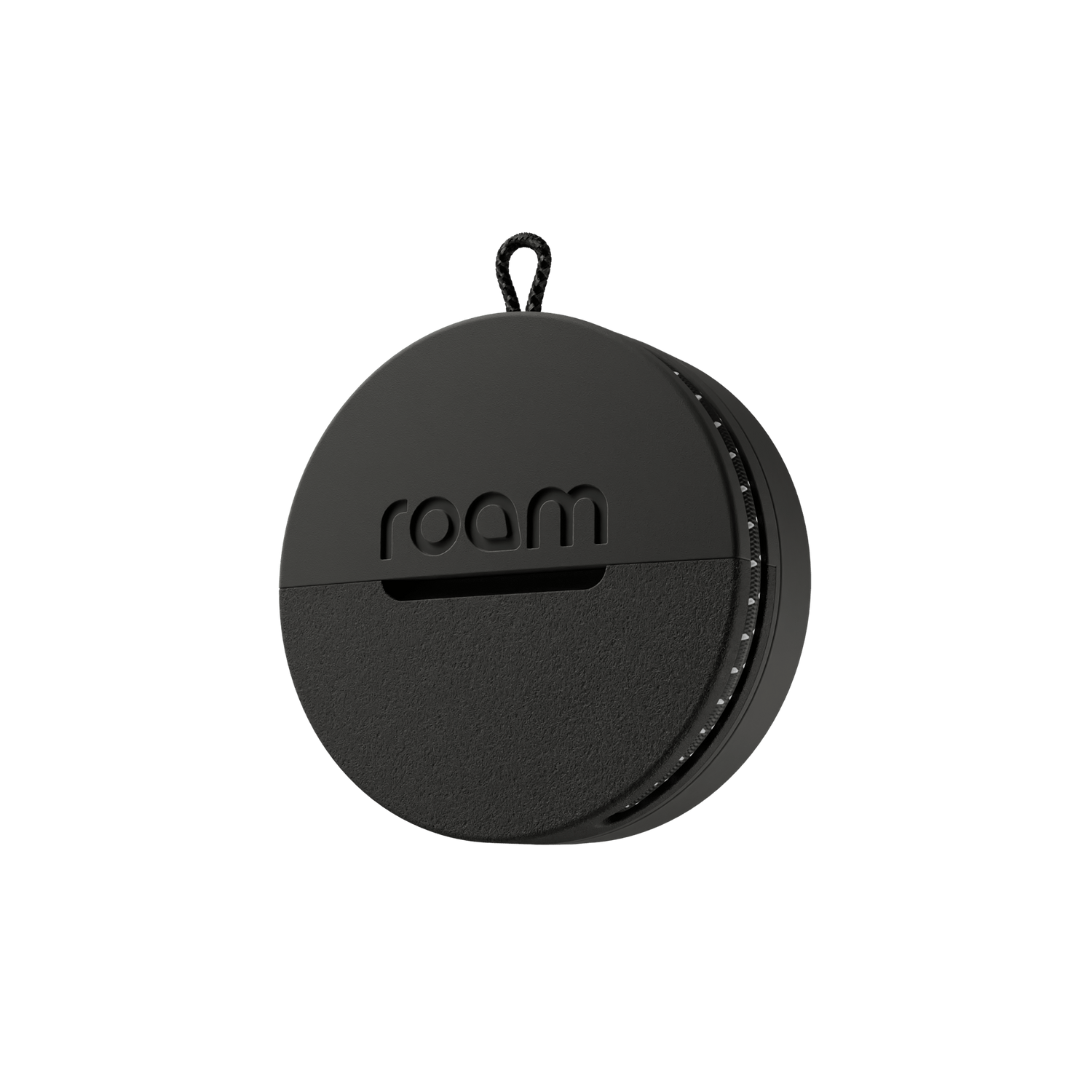 Roam smart tracker professional black single unit with 'roam' branding on transparent background, side angle view showing circular GPS tracker