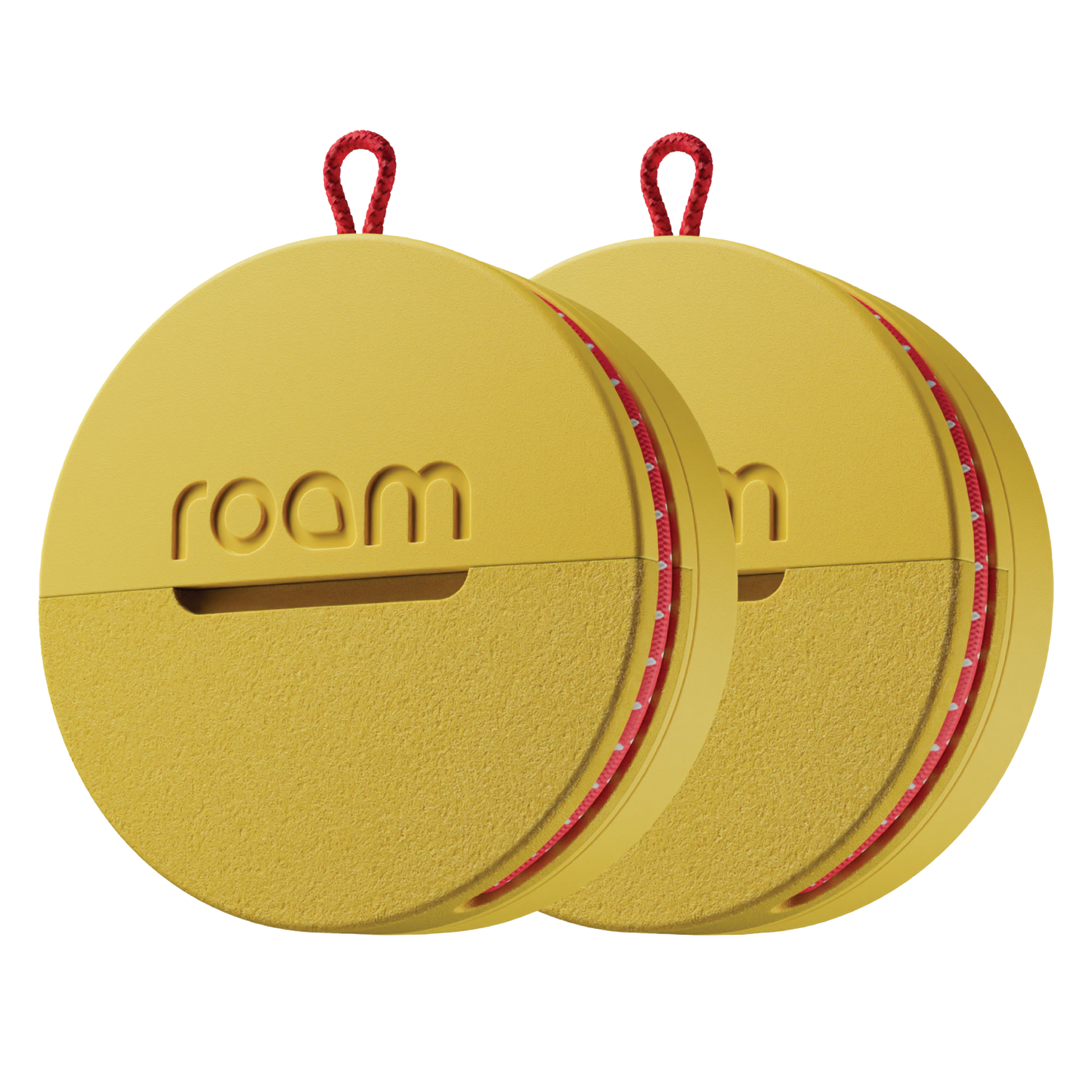 Two yellow circular objects with red accents and 'room' branding on a white background