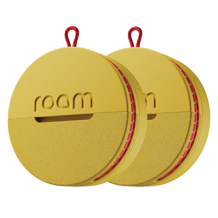 Two yellow circular objects with red accents and 'room' branding on a white background