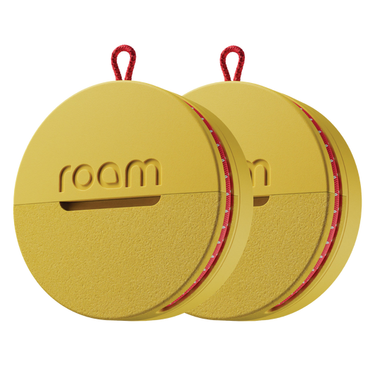 Two yellow circular objects with red accents and 'room' branding on a white background