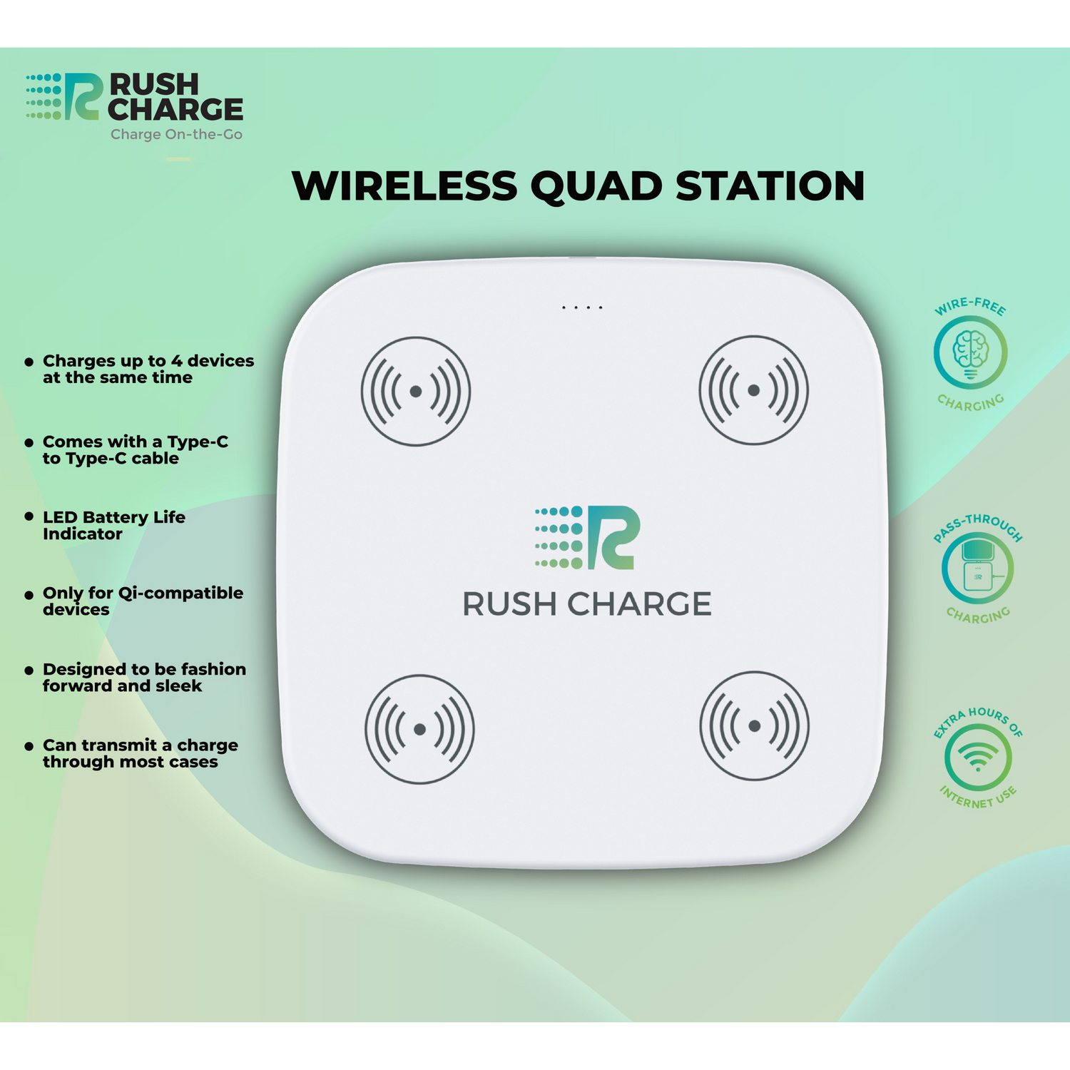 Wireless quad station with Rush Charge branding on a light green background