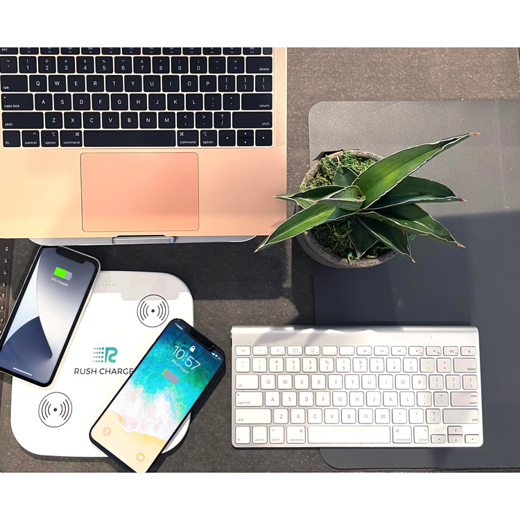 Laptop, smartphone, and wireless charging pad on a desk with a plant