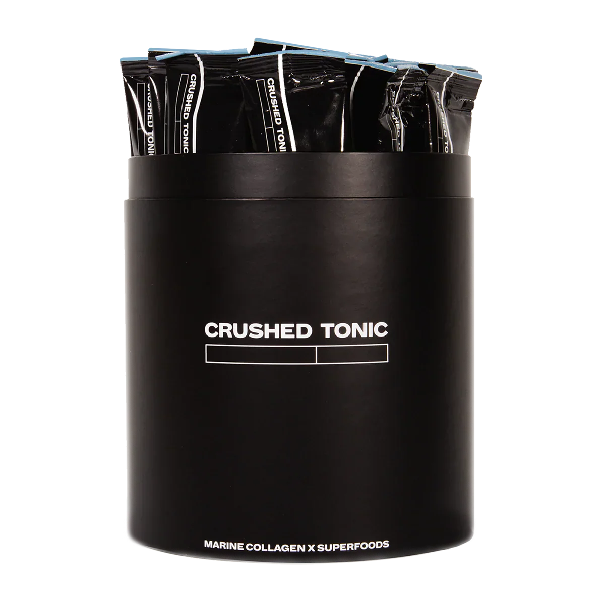 Black container with 'CRUSHED TONIC' branding holding multiple black packets on a white background.