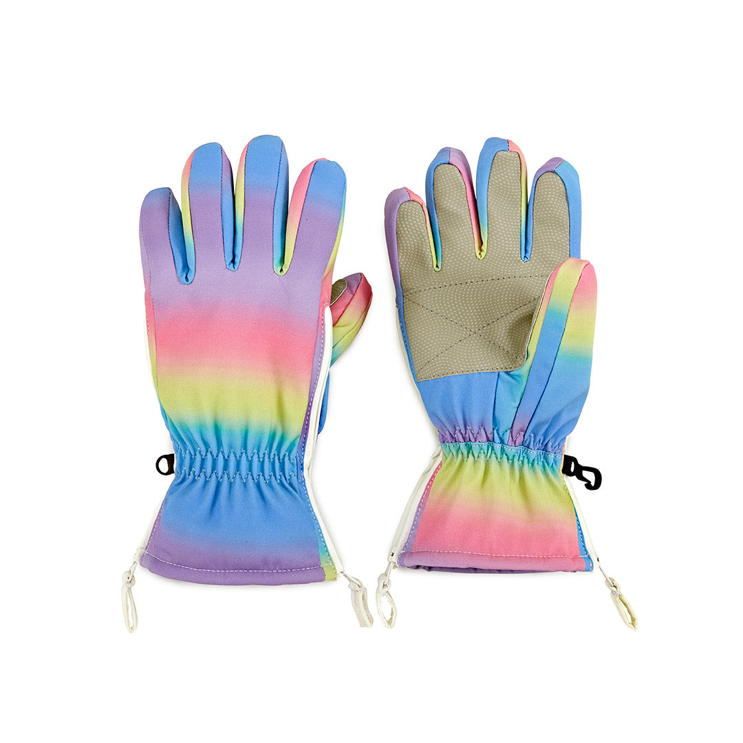 Pair of colorful gloves with a rainbow gradient on a white background