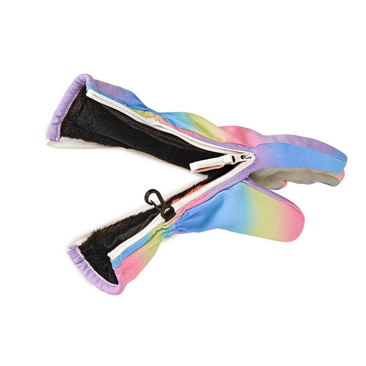 Rainbow-colored dog muzzle with a black strap on a white background