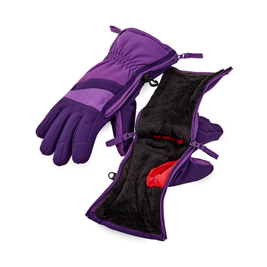 Pair of purple gloves with black accents on a white background
