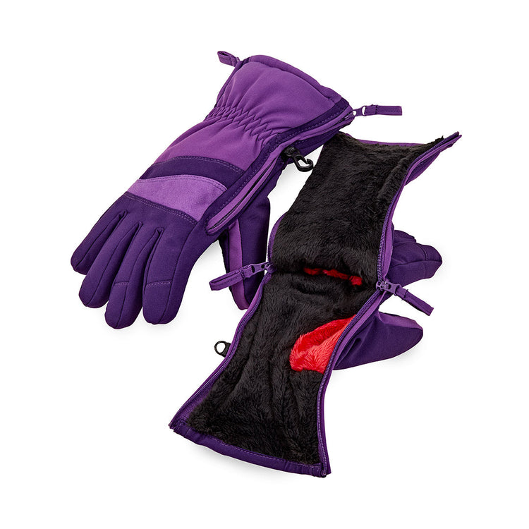 Purple gloves with black lining and red interior on a white background