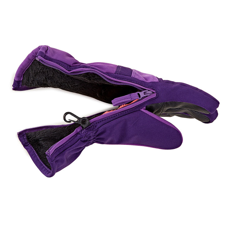 Purple and black gloves with a zipper on a white background