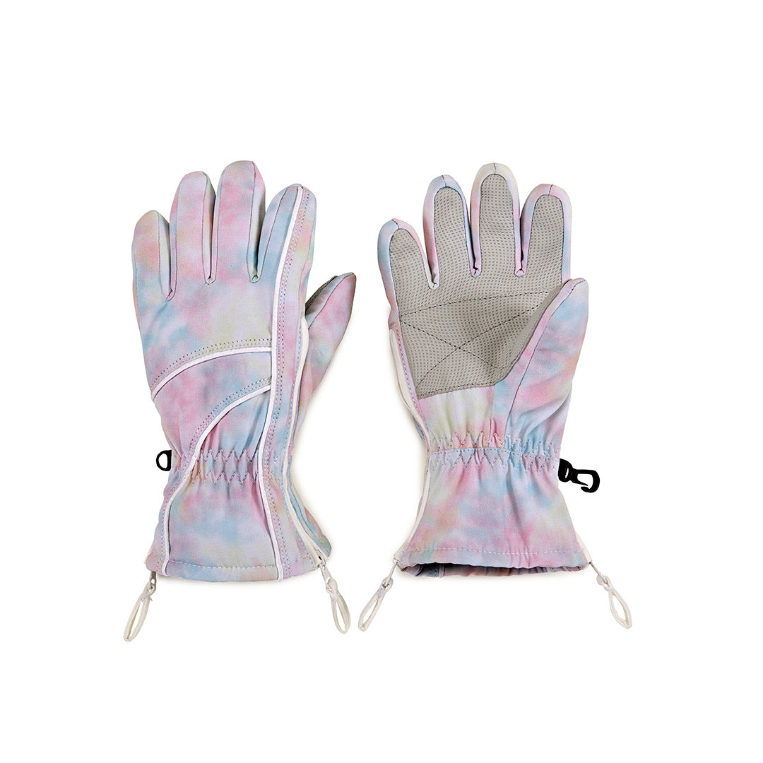 Tie-dye gloves with pink, blue, and purple colors on a white background