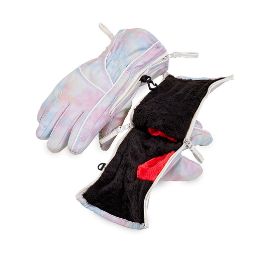 Tie-dye gloves with pink, blue, and purple colors on a white background