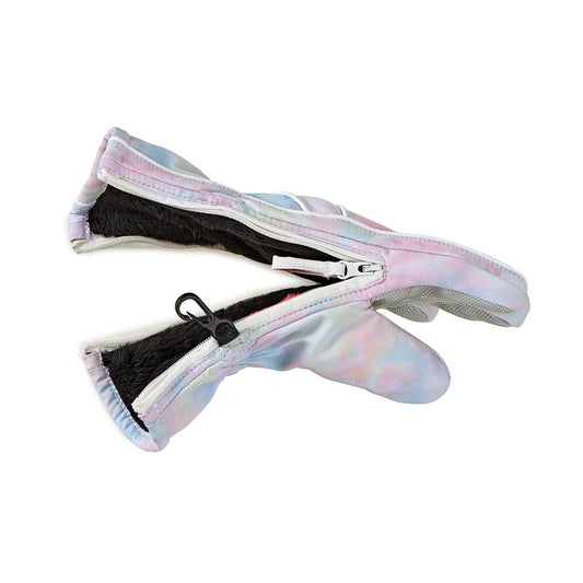 Tie-dye gloves with pink, blue, and purple colors on a white background