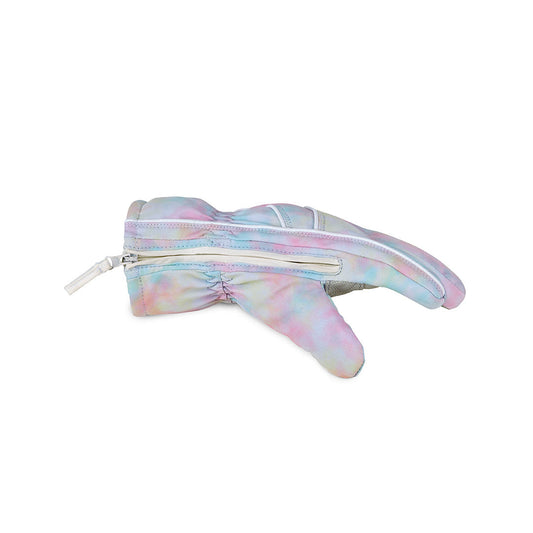 Tie-dye gloves with pink, blue, and purple colors on a white background
