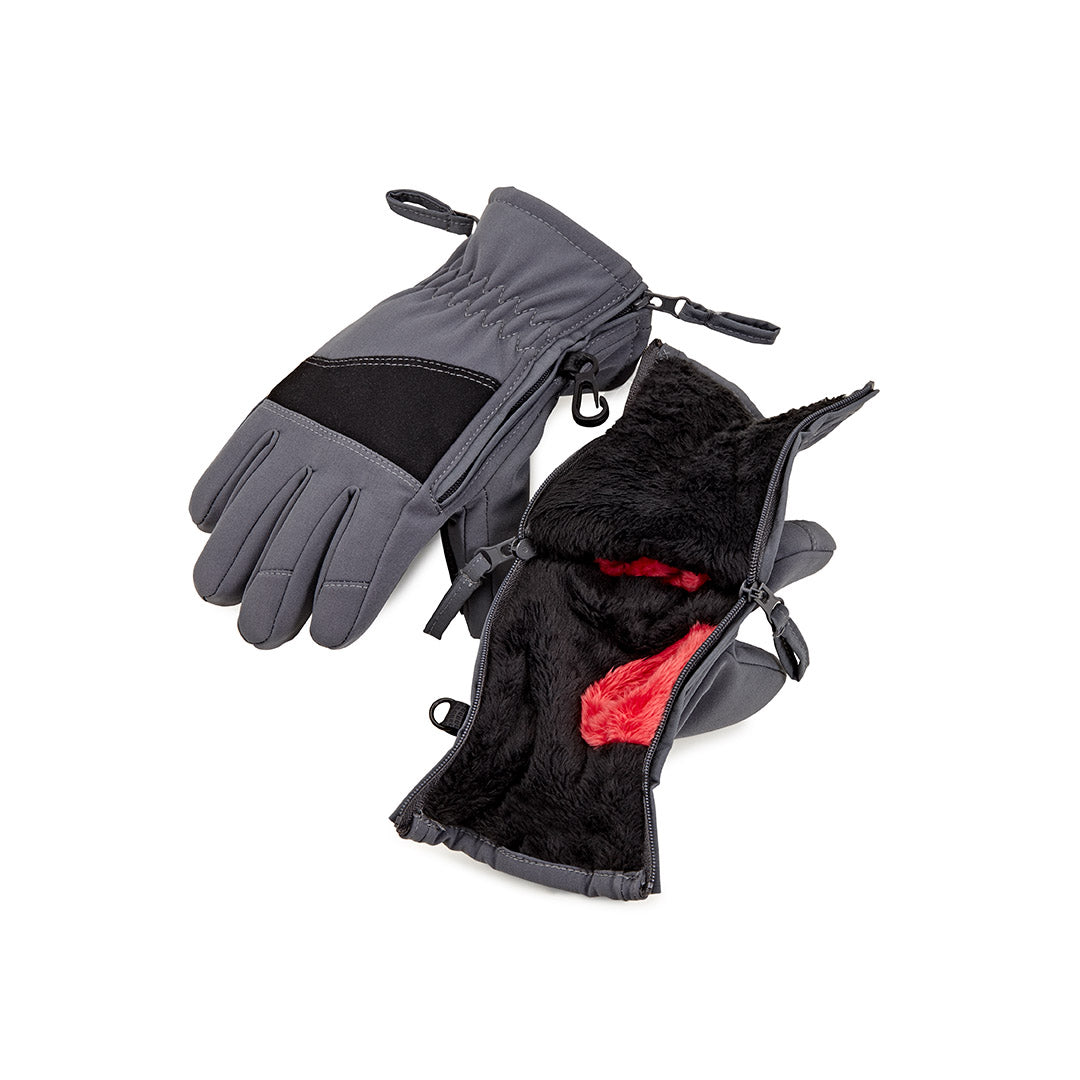 Pair of gray gloves with black lining and red interior on a white background