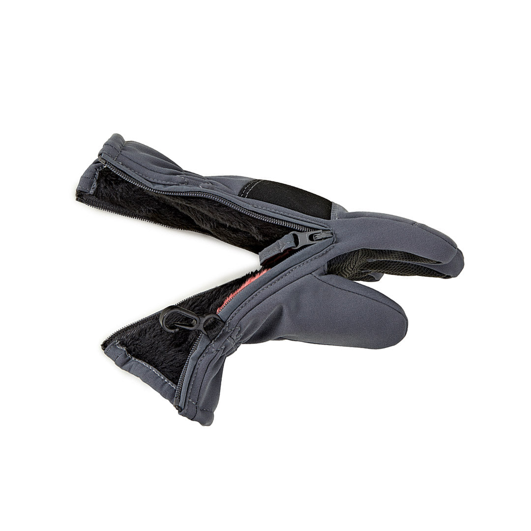 Pair of gray gloves with black lining on a white background