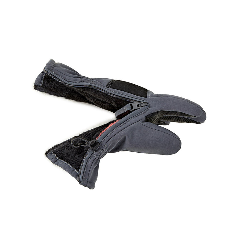 Pair of gray gloves with black lining on a white background