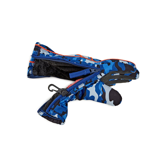Blue camouflage gloves with black and gray accents on a white background