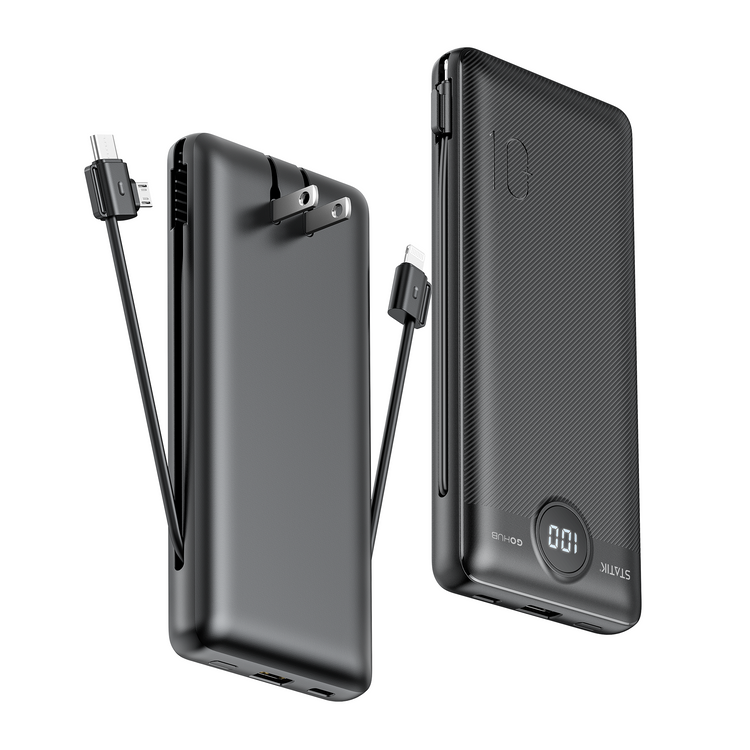 GO HUB 3-in-1 Portable Power Bank with Wall Plug - Black