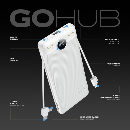 GO HUB 3-in-1 Portable Power Bank with Wall Plug - White