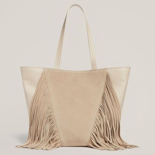 Front shot of the Cascade Fringe Tote in Vanilla