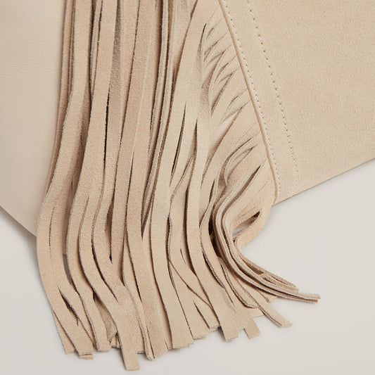 Front shot of the Cascade Fringe Tote in Vanilla