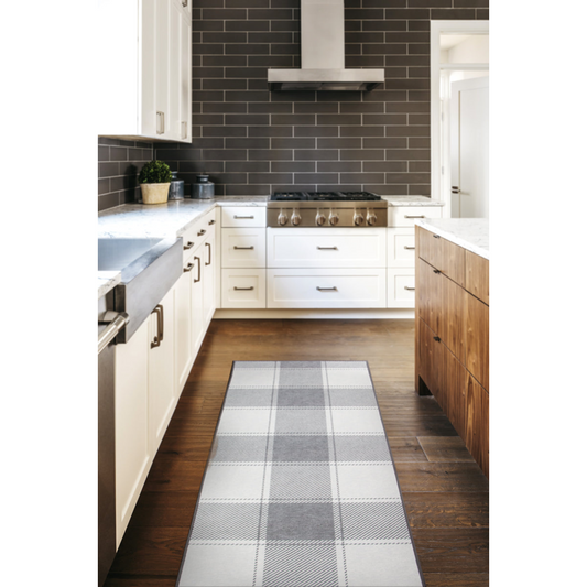 Buffalo Plaid Grey and White Washable Rug