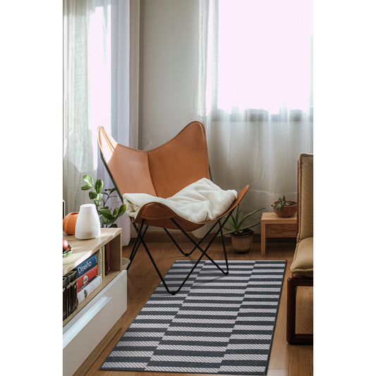 Tratti Offset Stripe Black Cream Washable Rug