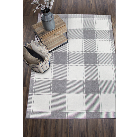 Buffalo Plaid Grey and White Washable Rug