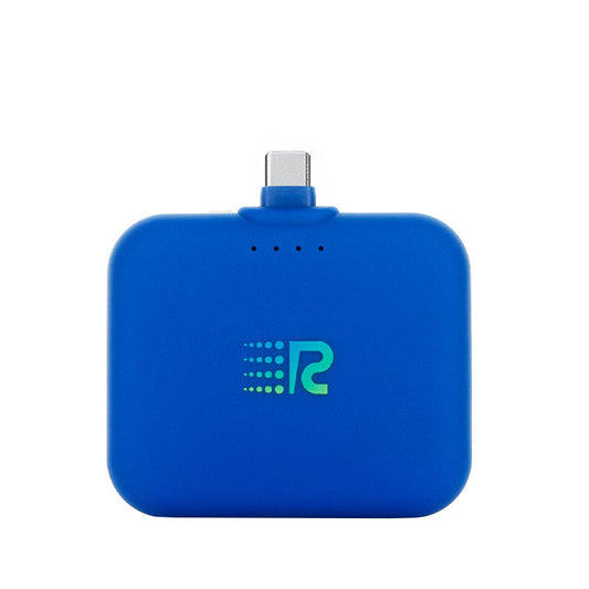 A compact and portable black charger with a logo on the front, featuring a single charging port.