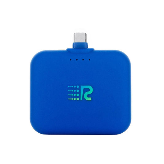 A compact and portable black charger with a logo on the front, featuring a single charging port.