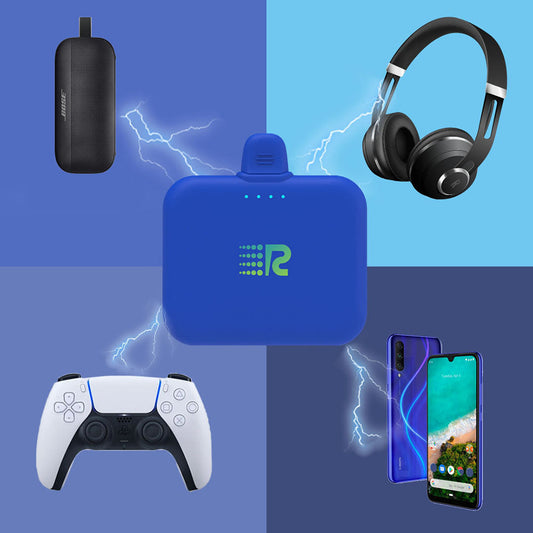 A compact and portable black charger with a logo on the front, featuring a single charging port.