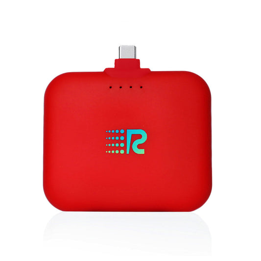 A compact and portable black charger with a logo on the front, featuring a single charging port.