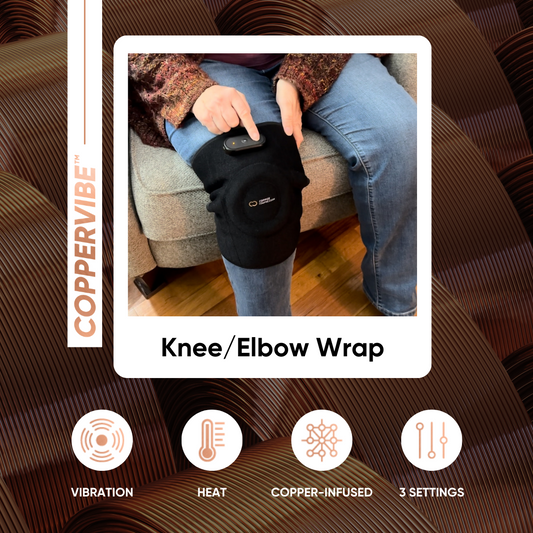 Packaging for the CopperVibe Vibration+Heat Therapy Knee/Elbow Wrap