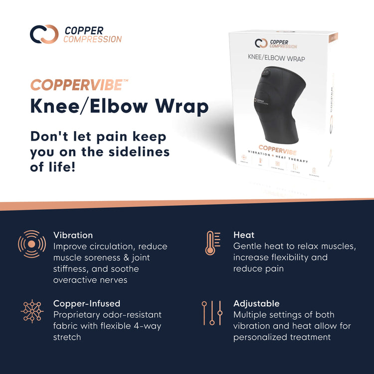 Some of the many features of the CopperVibe Vibration+Heat Therapy Knee/Elbow Wrap