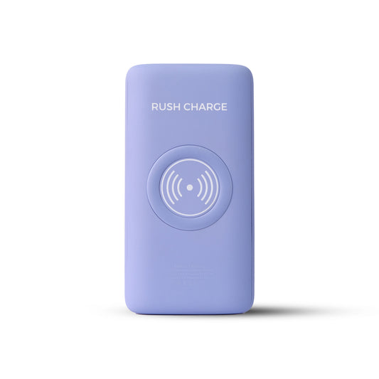 A portable power bank with a attached UV light sanitizing device, and cables connected to a smartphone and earbuds, placed on an outdoor surface.
