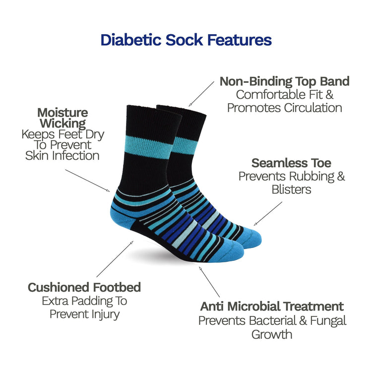 Special Features Diabetic Socks for Men, Diabetic Socks For Women, Neuropathy, Non Binding, Seamless - Blue Stripes