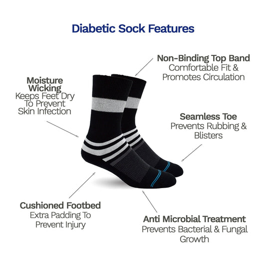 Features - Diabetic Socks for Men, Diabetic Socks For Women, Neuropathy, Non Binding, Seamless - Black Stripes