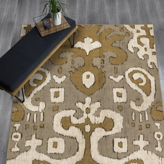 Ochre Ikat Grey Gold Washable Rug